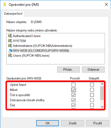 TechIS 23.2 Dokumentace > NTFS oprávnění pro souborové úložiště > dllhost_2018-02-23_10-29-45.png